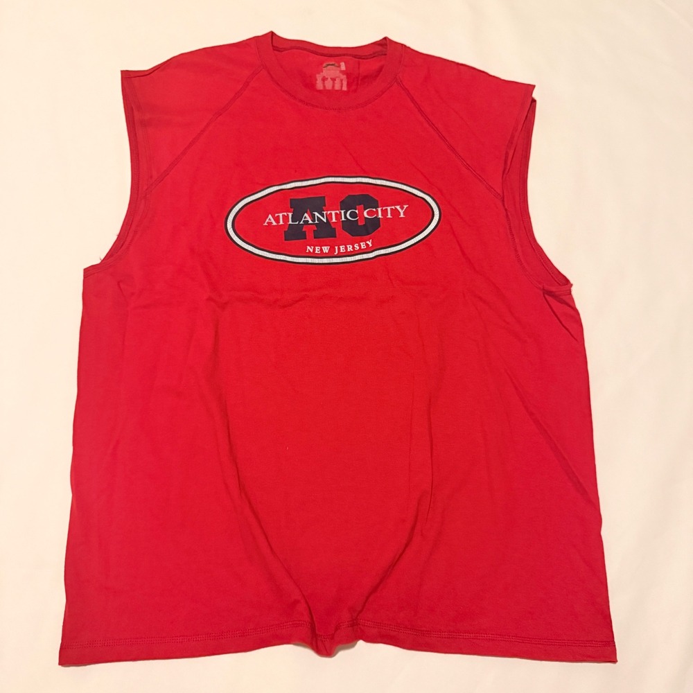 Fruit of the Loom Muscle Tee Men XL Red Atlantic City New Jersey Souvenir Shirt